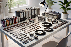 A table displaying slides, audio cassettes, vinyl records, VHs tapes, and photographic film.