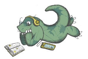 Ripper Dinosaur Mascot reading a book