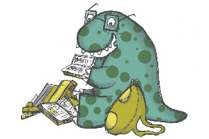 Roary Dinosaur Mascot reading a book
